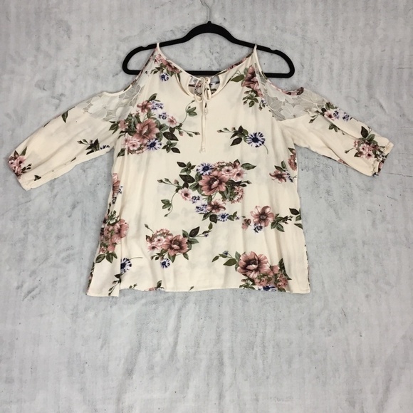 Warehouse One Cold Shoulder Blouse Womens Med Cream Floral Top Tie Neck - Picture 2 of 11